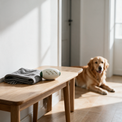PälsFri Pro på en hallbänk med en hund i bakgrunden