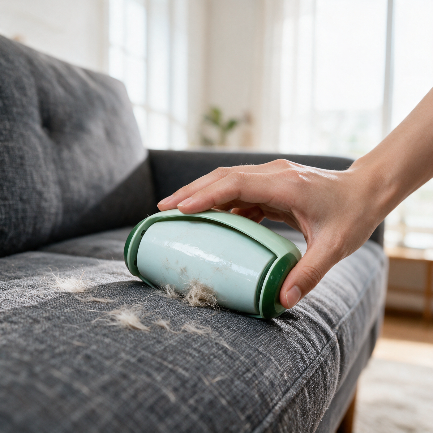 PälsFri Pro rullas över en grå soffa och lyfter husdjurshår ur tyget