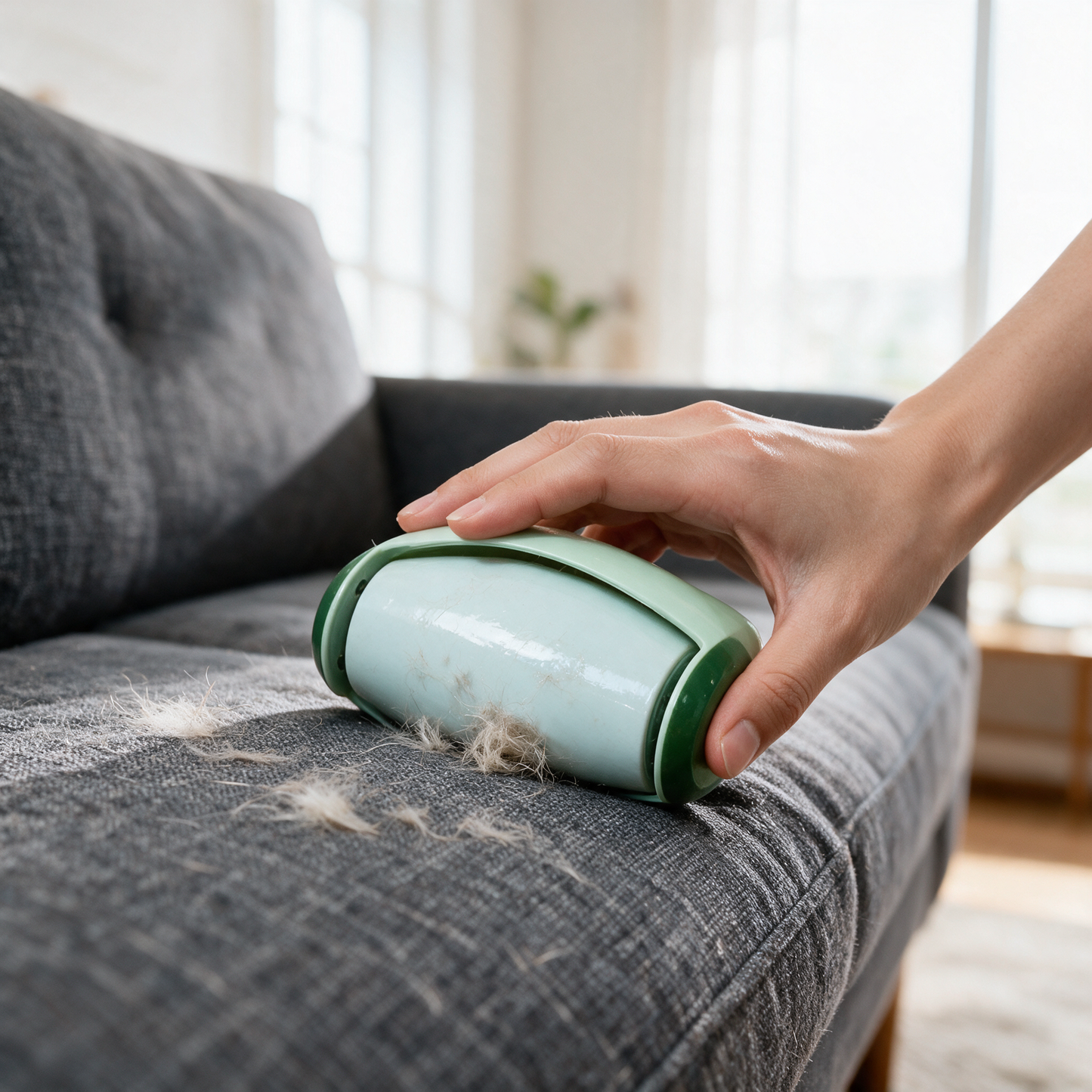 PälsFri Pro rullas över en grå soffa och lyfter husdjurshår ur tyget