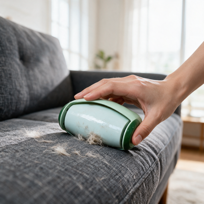 PälsFri Pro rullas över en grå soffa och lyfter husdjurshår ur tyget