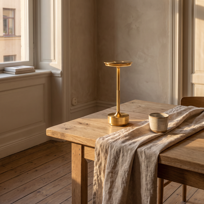 Iron portabel bordslampa på ett matbord i eftermiddagsljus
