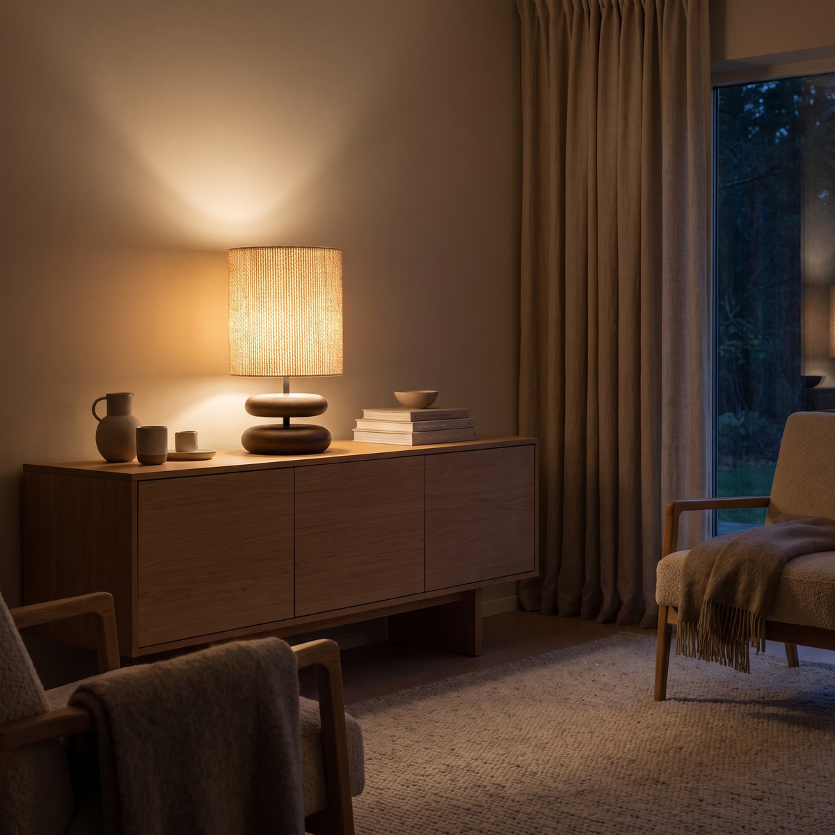 Oto bordslampa tänd på en sideboard på kvällen