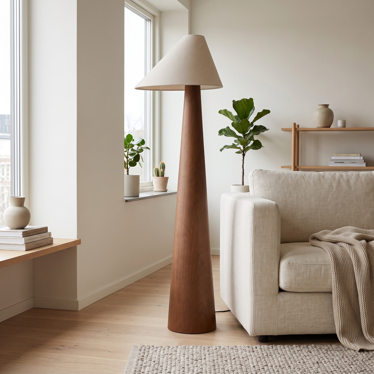 Timber golvlampa bredvid en linnesoffa i dagsljus