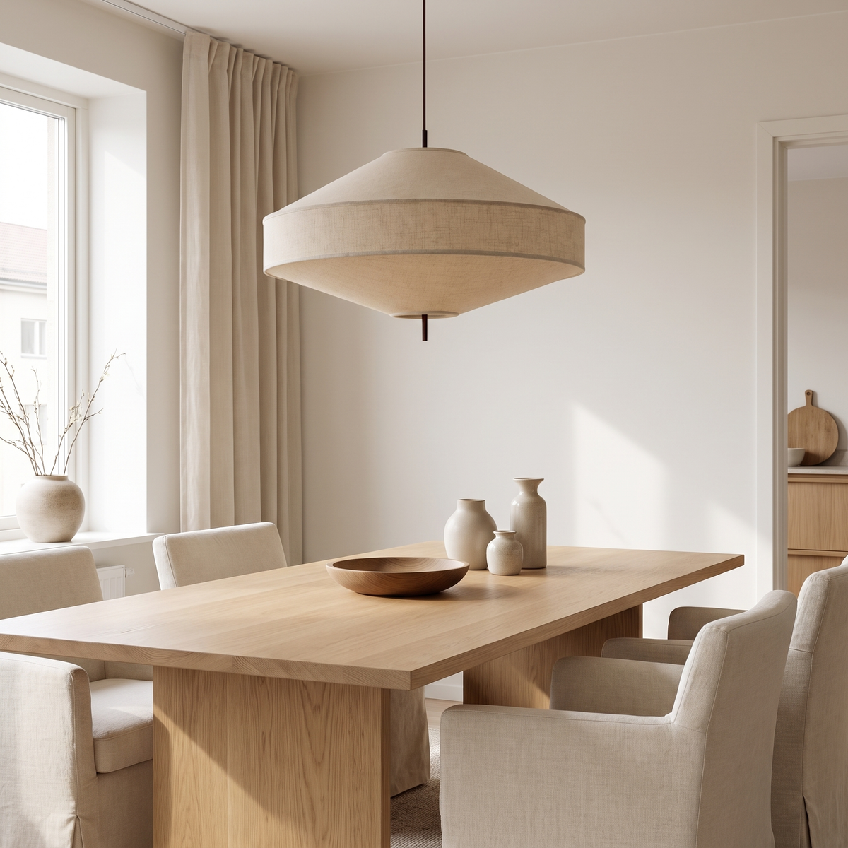 Pagoda pendellampa över ett matbord i ek i dagsljus